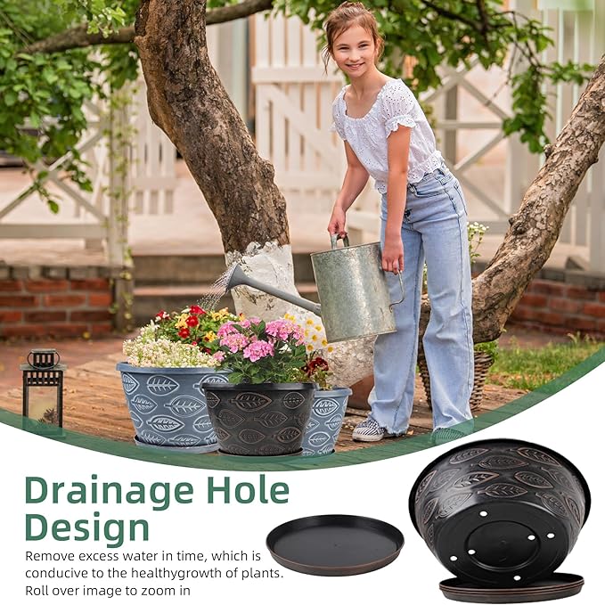 3 Pack Flower Pots Outdoor 11 Inch Plant Pots Indoor, Large-Plastic-Plant-Flower-Planters-Pots with Drainage Hole & Tray, Modern Decorative Garden Pot with Saucer(Brown)-CasaMuseHome