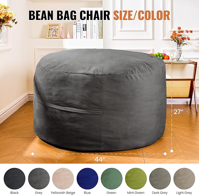 4FT Bean Bag Chair: Bean Bag with Velvet Cover, Fluffy and Comfy Bean Bag Chairs for Adults and Kids, Bean Bag Sofa Filled with High-Density Sponge for Gaming (Grey)-CasaMuseHome