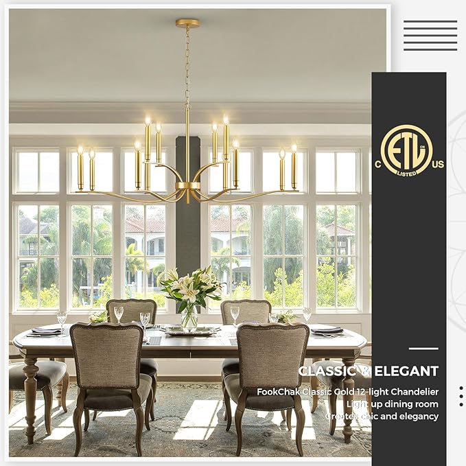 12 Light Gold Living Room Chandelier High Ceiling Foyer Candle Chandelier Large Modern Brass 44in Metal Chandeliers Hanging Light for Master Bedroom Dining Room Light Fixture Over Table-CasaMuseHome