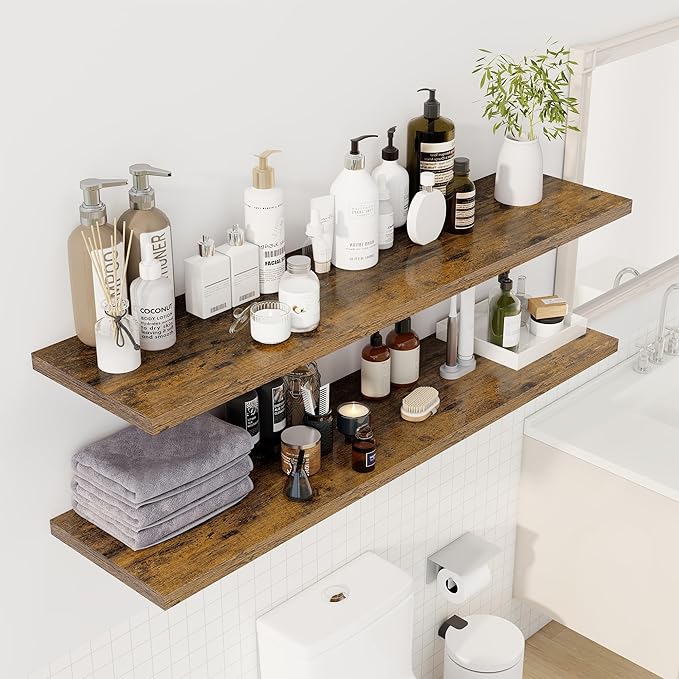 55" Floating Shelves for Wall, 12" Deep Slim Rustic Brown Floating Shelves, Wall-Mounted Shelves for Bedroom, Living Room, Kitchen, Bathroom - Set of 2-CasaMuseHome