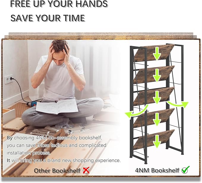 4NM No Assembly Foldable Bookshelf, 5-Shelf Collapsible Bookcase Storage for Small Spaces, 62.2" H, Rustic Brown and Black-CasaMuseHome