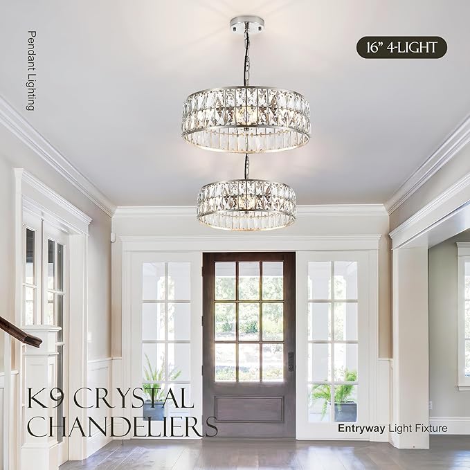 16” 4-Light Modern Crystal Chandeliers Nickel Dinning Room Light Fixture, Round Pendant Light Kitchen Island Chandelier, Flush Mount Ceiling Light for Living Room Entryway Bedroom Foyer-CasaMuseHome