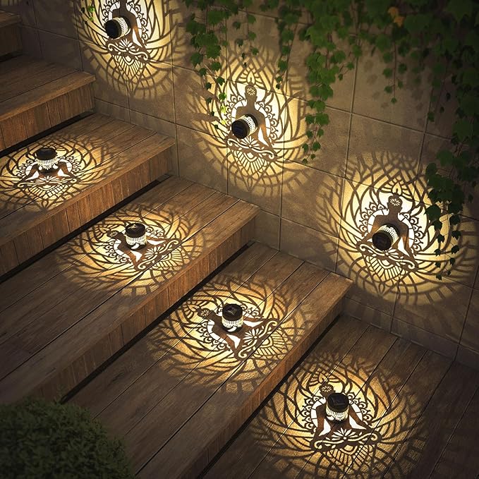 4 Pack Solar Fence Lights Metal Solar Powered Outdoor Wall Deck Step Lights Zen Theme Waterproof Fence Light for Garden Post Patio Backyard Yard Decor, Gardening Gifts for Women Mom Grandma-CasaMuseHome