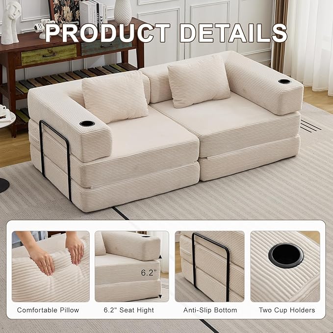 78" W Loveseat Sofa, 4 in 1 Convertible Floor Sofa Bed, Boneless Cloud Couch with Cup Holder, Fold Out Floor Couch, Loveseat Recliner Sleeper for Living Room Bedroom Lounge(Corduroy, White)-CasaMuseHome