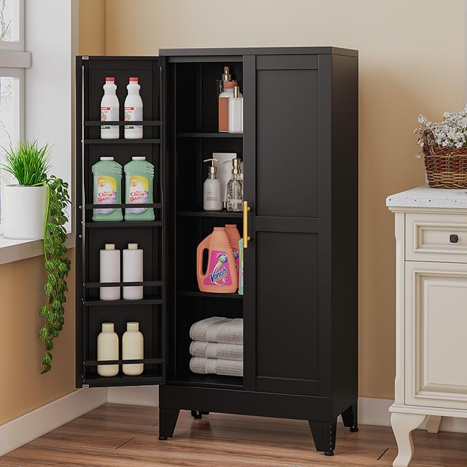 51" Metal Kitchen Pantry Cabinet, Storage Cabinets with 2 Door and 3 Adjustable Shelves, Black Freestanding Food Storage Cabinet, Steel Cupboard for Kitchen Dinning Room-CasaMuseHome