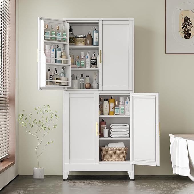 75" H Metal Storage Cabinet, Pantry with 6 Door Shelves and 4 Adjustable Shelves, Leveling Foot for Kitchen, Living Room and Dinning Room, White-CasaMuseHome