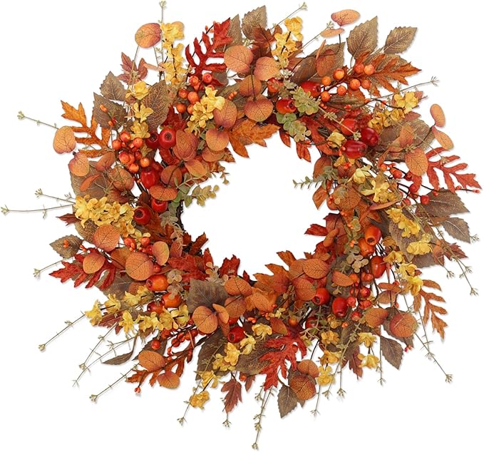 22 inch Artificial Fall Wreaths for Front Door,Autumn Wreath with Large red Berries and Fall Leaves Suitable for Indoor Outdoor Wall Porch Harvest Festival Thanksgiving Day Farmhouse Holiday Decor.-CasaMuseHome