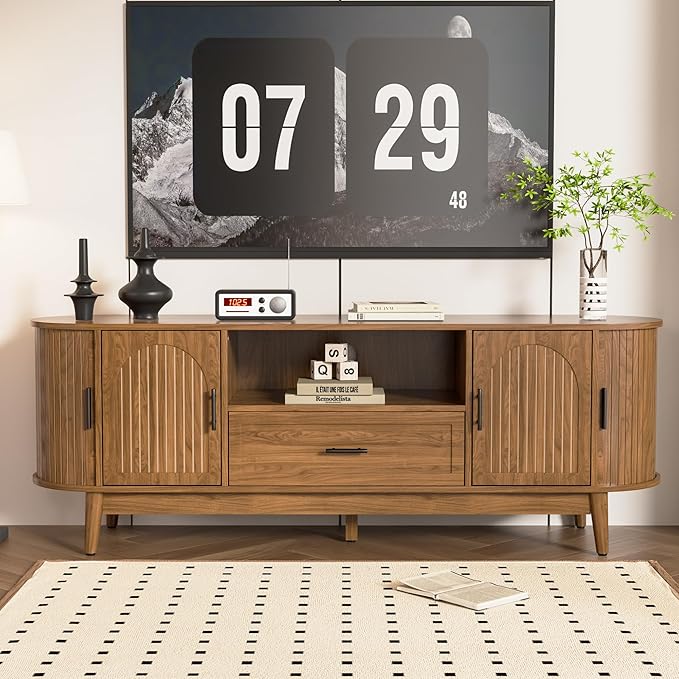 63" Fluted TV Stand for Tvs up to 70", Mid-Century Modern Entertainment Center with Drawers and Fluted Doors, Curved TV Media Console Table with Sliding Doors for Living Room, Bedroom (63")-CasaMuseHome