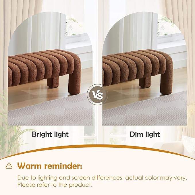 43.3" Bedroom Bench, Upholstered Entryway Bench, Modern End of Bed Ottoman with Solid Wood Legs and Adjustable Foot Pegs for Entryway, Dining Room and Living Room (Brown Boucle)-CasaMuseHome