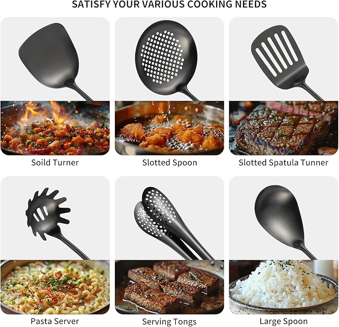 304 Stainlss Steel Matte Kitchen Utensils Set, 11 Pcs Long Metal Cooking Utensil Gadgets Tools Set with Spatula, Ladle, Spoon, Ladle, Skimmer, Tunner, Pasta Server, Tongs(Black, Dishwasher Safe)-CasaMuseHome