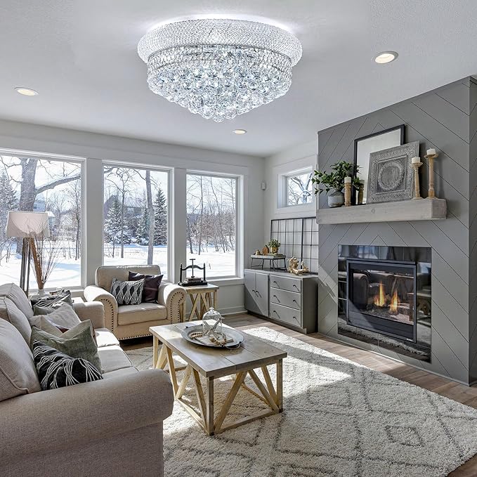 9-Light Crystal Flush Mount Chandelier Ceiling Light Fixture for Living Room Dining Room Bedroom Foyer Entryway Hallway Closet Bathroom (Chrome D22)-CasaMuseHome