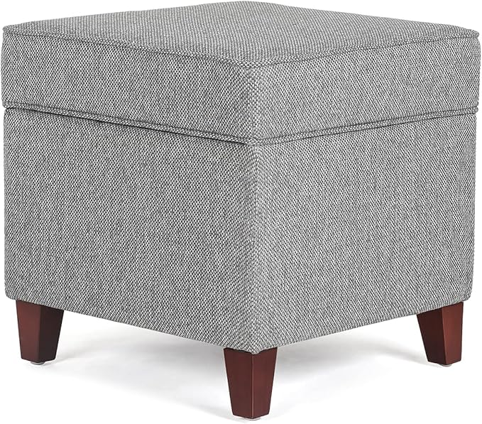 Adeco 17" Square Ottoman with Storage, Small Blue Storage Ottoman Foot Rest with Hinged Lid & Solid Wood Legs, Linen Fabric Foot Stool for Living Room & Bedroom-CasaMuseHome
