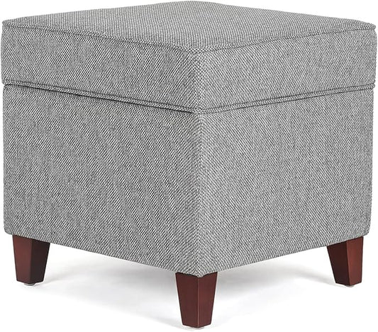 Adeco 17" Square Ottoman with Storage, Small Blue Storage Ottoman Foot Rest with Hinged Lid & Solid Wood Legs, Linen Fabric Foot Stool for Living Room & Bedroom-CasaMuseHome