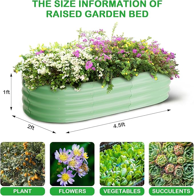 2 Pcs 4.5x2x1ft Oval Raised Garden Bed, Galvanized Raised Beds,Open-Ended Base Metal Raised Planter Beds,Garden Bed Outdoor,Planter Raised Boxes for Vegetables, Flowers,Tool-Free Asse,Green-CasaMuseHome
