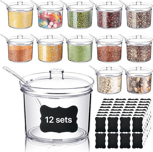 12 Pcs Acrylic Sugar Bowl with Lid and Spoon,7.1 Oz Clear Condiment Storage Pot,Sugar Jar Spices Container for Home Kitchen,Coffee Bar,Restaurant-CasaMuseHome
