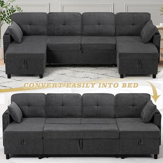 110 Inches Chenille Sectional Sofa w/Adjustable Back & Pull Out Sofa Bed, Tufted U Shaped Couch w/Two Storage Chaises, Sleeper Sectional Sofa w/USB Port & Cup Holders for Living Room, Grey-CasaMuseHome
