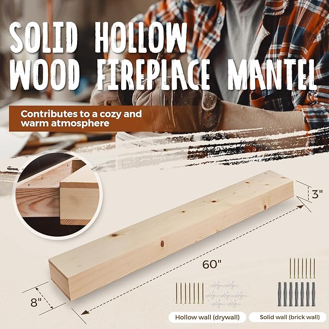 60x8x3 Fireplace Mantel - Handcrafted Hollow Rustic Solid Wood Wall Mounted Floating Shelf - DIY Color - with Invisible Heavy Duty Wood Bracket-CasaMuseHome