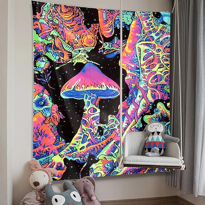 ADDWel Blacklight Mushroom Tapestry, Upright Tapestry Glow In The Dark, UV Reactive Black Light Tapestries Posters Wall Hanging for Backdrop Bedroom Dorm Living Room Decor(60"x80")-CasaMuseHome