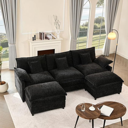108" U Shaped Couch, Modular Sectional Sofa, 3-Seater Comfy Cloud Couch with Movable Ottoman, Deep Seat Couches for Living Room, Chenille, Black-CasaMuseHome
