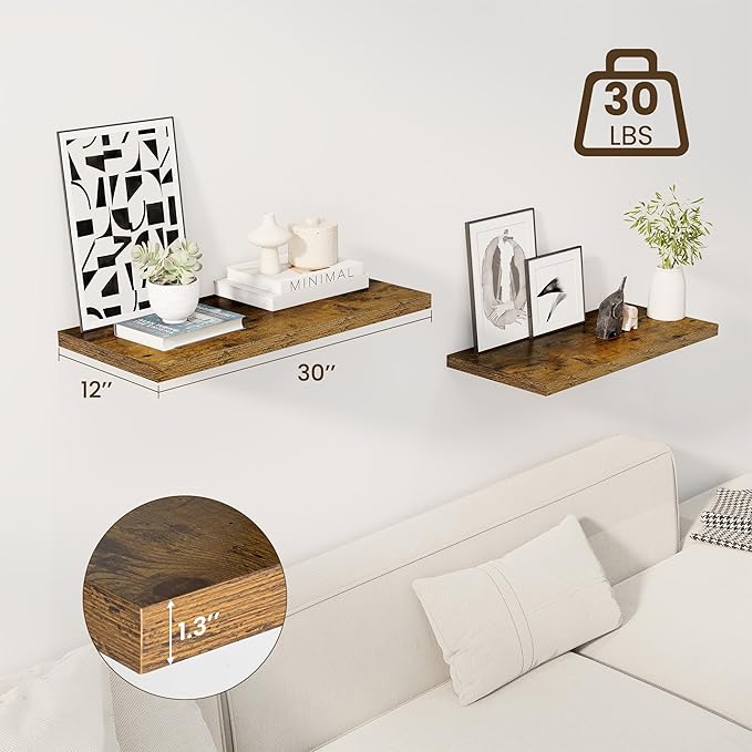30" Floating Shelves for Wall, 12" Deep Slim Rustic Brown Floating Shelves, Wall-Mounted Shelves for Bedroom, Living Room, Kitchen, Bathroom - Set of 2-CasaMuseHome