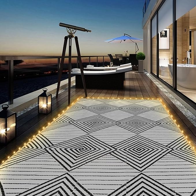 8x10ft Waterproof Outdoor Rug with LED Lights, Foldable Reversible Plastic Straw Mat for Patio RV Camping Picnic Balcony Beach Deck Indoor Outdoor Carpet, Black&White-CasaMuseHome