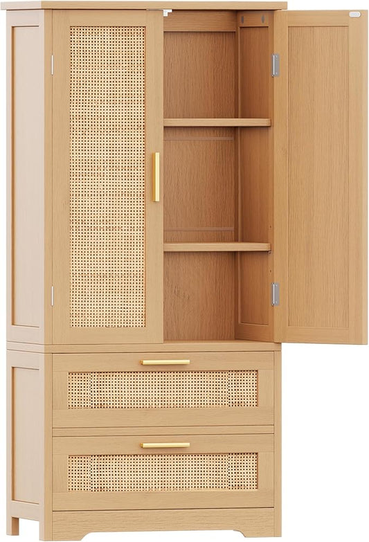 50.4" H Bathroom Storage Cabinet, Modern Floor Cabinet with Adjustable Shelf, Small Pantry with 2 Doors & Drawers, Storage Cabinet for Bathroom, Living Room, Kitchen, Natural KES007MCWG-CasaMuseHome