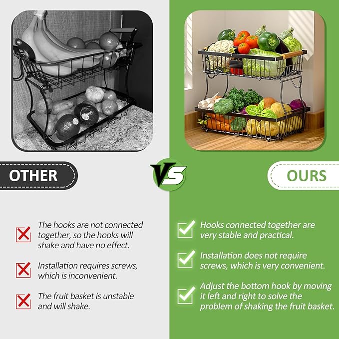 2 Tier Fruit Basket for Kitchen Counter with 2 Banana Hangers, Countertop Metal Fruit Bowl with Wooden Handle, Large Storage Stand for Vegetables, Snacks, Breads, Produce Storage – Black-CasaMuseHome