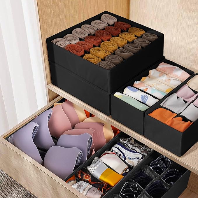 6 Pack Sock Underwear Drawer Organizer Dividers, 58 Cell Foldable Fabric Dresser Closet Organizers and Storage Bins for Clothing, Baby Clothes, Bra, Panty, Scarf, Ties (Black)-CasaMuseHome