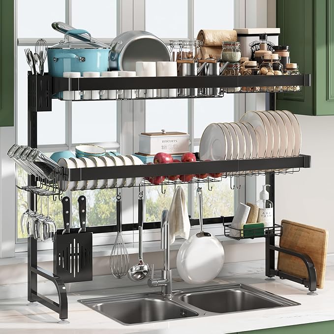 3 Tier Extra Large Stainless Steel Expandable Over The Sink Dish Drainer Drying Rack, Rust Proof Metal, Space Saving, Modern Black Big Capacity Extendable Plate Strainers Above Kitchen Counter-CasaMuseHome