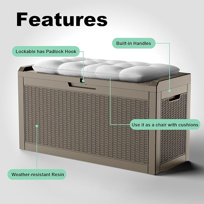 60 Gallon Resin Deck Box, Lockable Outdoor Storage Box for Patio Cushions Storage Furniture,Garden Tools, Pool Supplies, Weatherproof and UV Resistant (Grey Rattan)-CasaMuseHome