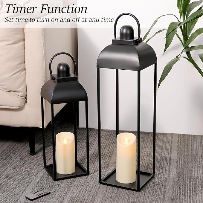 25'' 19'' Lanterns Decorative Outdoor Indoor, Black Metal Outdoor Candle Lanterns, Set of 2 Modern Farmhouse Decorative Lantern for Fireplace, Patio, Porch, Floor, Halloween Lantern (No Glass)-CasaMuseHome