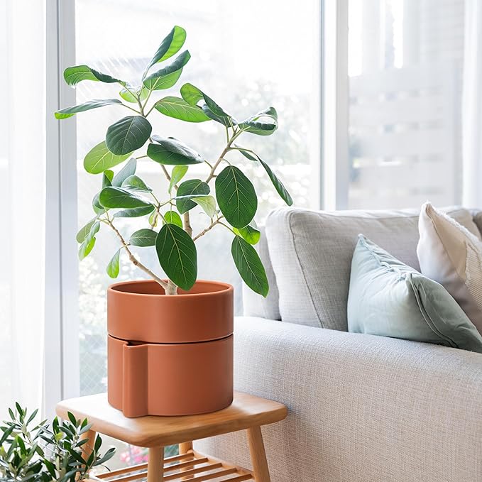 8 Inch Self-Watering Planter Pot with Terracotta Insert, Deep Water Reservoir, and Ceramic-Alike BPA-Free Plastic Planter Pot for Plant, Modern Planter for Houseplants, Terracotta, 53-A-T-3-CasaMuseHome