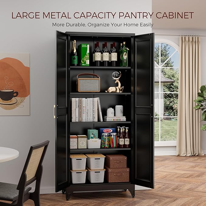 75" Kitchen Pantry Cabinet, Black Metal Storage Cabinets with 2 Doors and 4 Adjustable Shelves, Tall Pantry Storage Cabinet for Kitchen, Dining Room, Living Room-CasaMuseHome