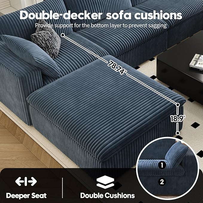 157.5" Cloud Couch Oversized Modular Sectional Sofa for Living Room,Modern Sofa with Deep Seat，U-Shape Boneless Couch with 2 Ottoman,Comfy Upholstered Couches for Apartment, Studio, Office,Blue-CasaMuseHome