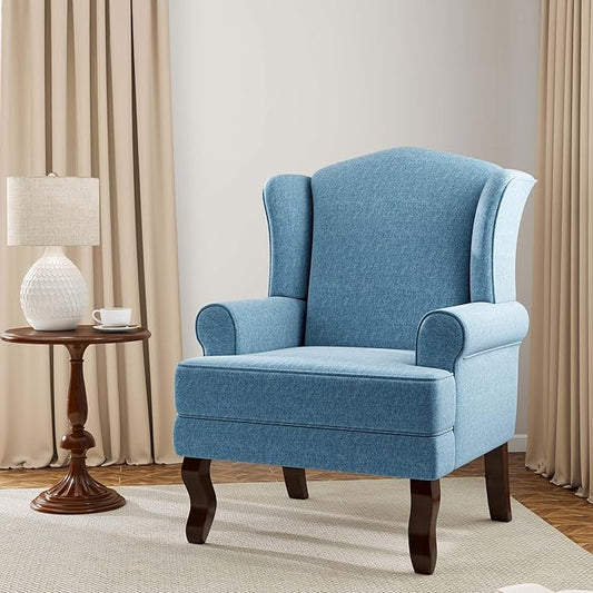 Accent Chair, High Back Upholstered Armchair with High Resilience Sponge & Wood Legs, Mid-Century Modern Comfy Single Sofa Reading Chairs for Living Room, Bedroom (Blue, Set of 1)-CasaMuseHome