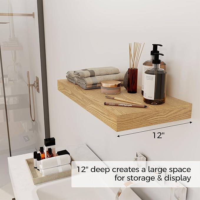 12 Inch Deep Floating Shelves, 24 x 12 Floating Shelf for Books, Rustic Wood Deep Wall Shelves for Home Storage & Display, 2" Thicked Shelves for Kitchen, Living Room, Bedroom, Oak Color, 2 Pack-CasaMuseHome