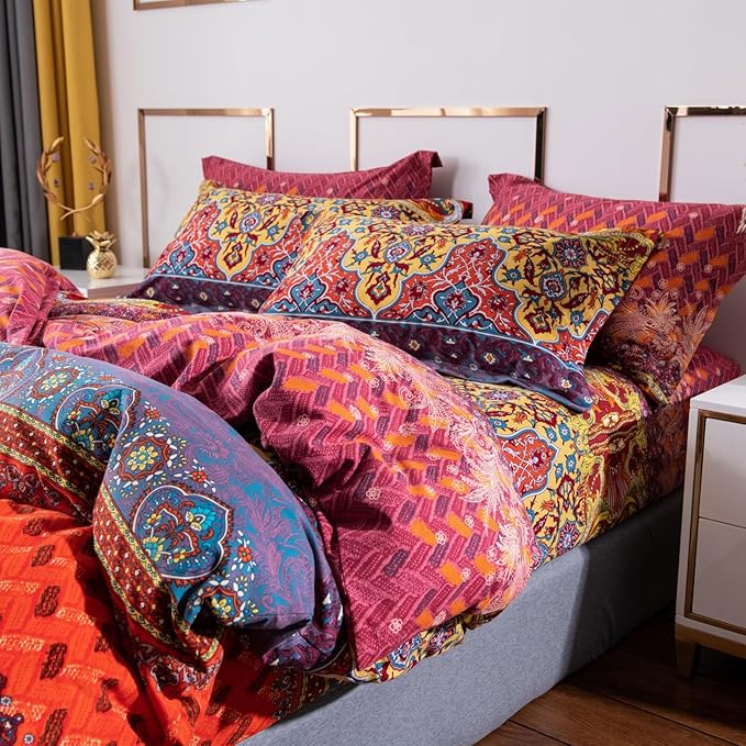 ABREEZE Bohemian Duvet Cover Set Colorful Orange Boho Retro Bedding Set Damask Paisley Cotton Duvet Cover Tribal Reversible Bedding Exotic Style Comforter Cover 3-Piece Queen-CasaMuseHome