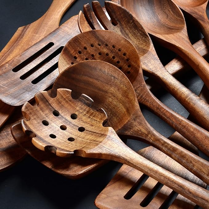 12 Pack Wooden Spoons for Cooking - Natural Teak Kitchen Utensils Set with Spatulas-CasaMuseHome
