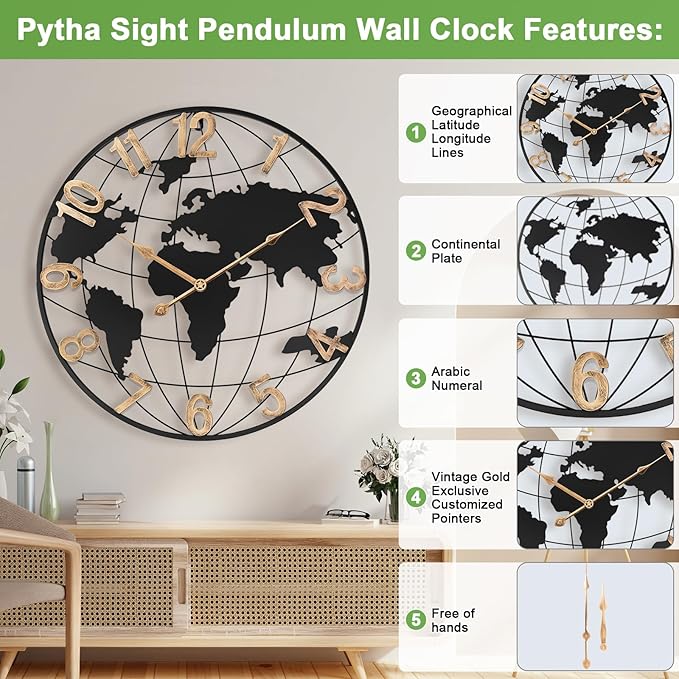 20 Inch Large Wall Clock for Living Room Decor,Big Modern Decorative Silent Metal World Map Wall Clock with Vintage Gold Arabic Numeral for Office,Living Room,Kitchen,Dining Room-CasaMuseHome