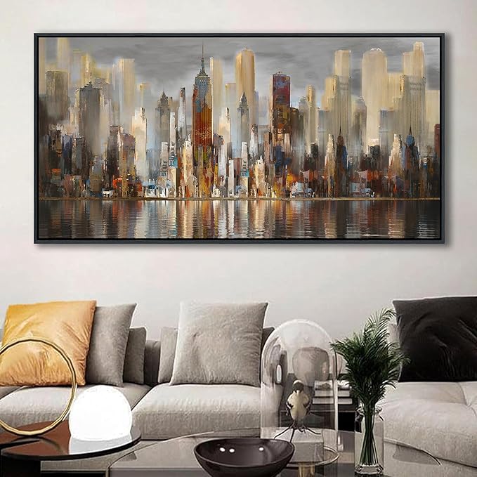 Abstract Brown New York City canvas Wall Art Framed Large Wall Art for Living Room Modern Paintings for Bedroom Cityscape New York Wall Decor Artwork Wall Pictures for Office and Bedroom 24×48in-CasaMuseHome