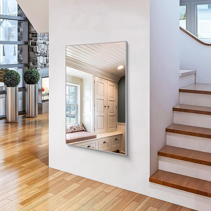 36x55 inch Bathroom Mirror, Silver Rectangle Mirror with Thin Metal Frame, Large Rectangular Wall Mirrors for Bathroom, Living Room, Big Mirror Hang Horizontal/Vertical-CasaMuseHome