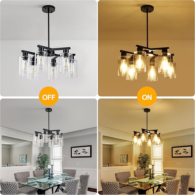 6-Light Black Modern Farmhouse Chandelier for Dining Room Ceiling Light Fixture with Clear Glass Shades, Adjustable Hanging Industrial Pendant Lighting for Living Room Kitchen Island Bedroom Entryway-CasaMuseHome