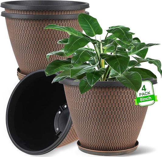4 Pack 8 inch Plant Pot, Plastic Pots for Plants Indoor, Round Planters for Outdoor Plants with Drainage Holes & Trays, Decorative Flower Pots Garden Containers Sets for Houseplants (Black Copper)-CasaMuseHome