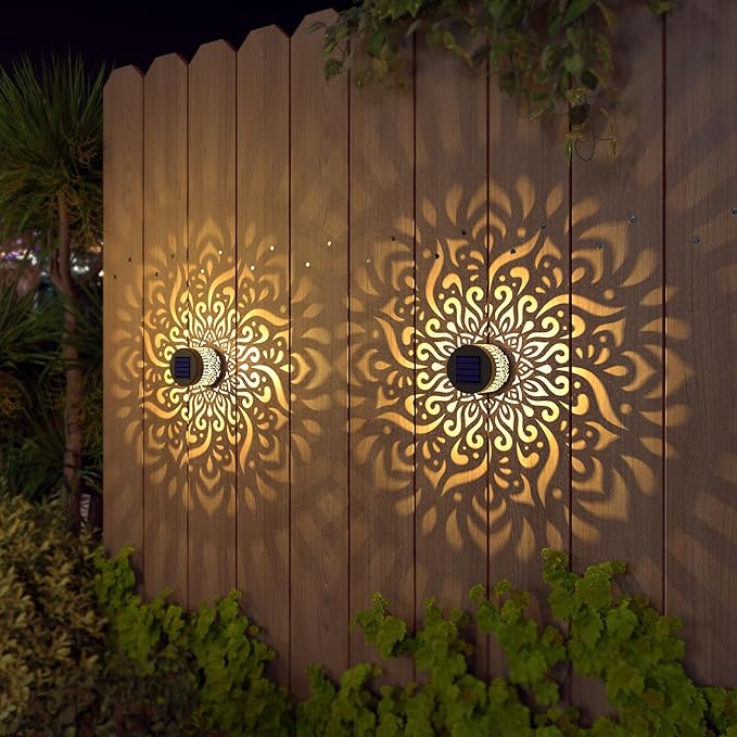 4 Pack Solar Fence Lights Metal Solar Powered Outdoor Wall Deck Step Lights Mandala Theme Waterproof Fence Light for Garden Post Patio Backyard Decor (4 Pack)-CasaMuseHome