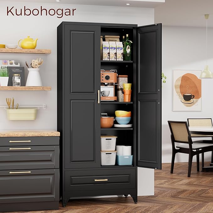 75" Kitchen Pantry Cabinet with Drawer, Metal Storage Cabinets with Doors and Adjustable Shelves, Black Tall Pantry Cabinet for Dinning Living Room, Home Office-CasaMuseHome