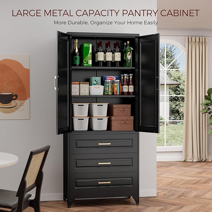 75" Kitchen Pantry Cabinet, Metal Storage Cabinets with Doors and Adjustable Shelves, Black Tall Pantry Cabinet with 3 Drawers for Dinning Living Room-CasaMuseHome