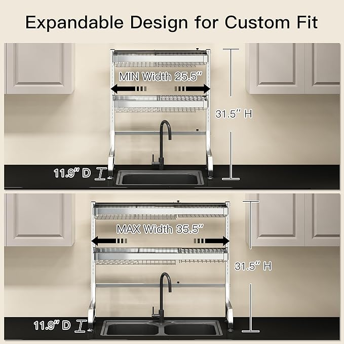 3 Tier Extra Large Stainless Steel Expandable Over The Sink Dish Drainer Drying Rack, Rust Proof Metal, Space Saving, Modern Silver Big Capacity Extendable Plate Strainers Above Kitchen Counter-CasaMuseHome