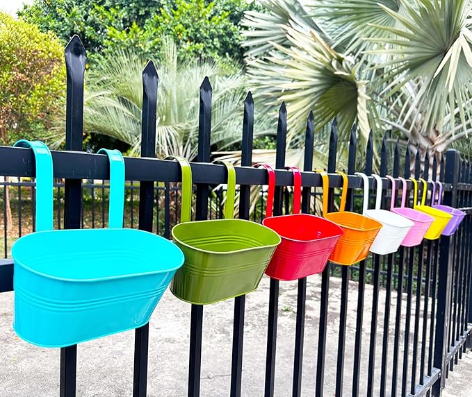 8 Pack Hanging Planters 10", Colorful Metal Bacony Railing Planter for Outdoor Decor, Countryside Fence Pot Flower Bucket for Rails Patio Garden, Plant Pot for Herb (Multi-Color, 8Pcs)-CasaMuseHome
