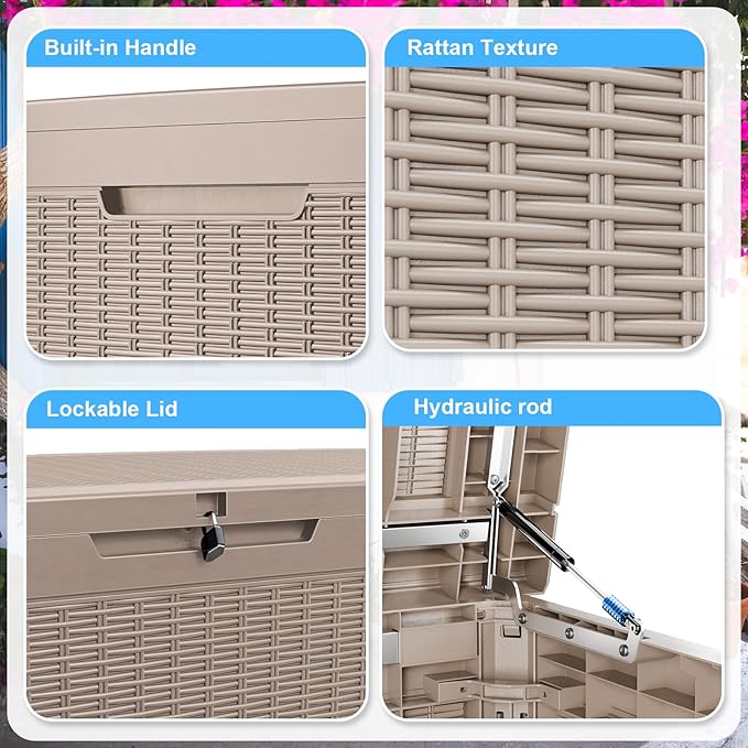 260 Gallon Large Resin Deck Box, Lockable Outdoor Storage Box for Patio Cushions Storage Furniture,Garden Tools, Pool Supplies, Weatherproof and UV Resistant- Grey Rattan (260 Gallon)-CasaMuseHome