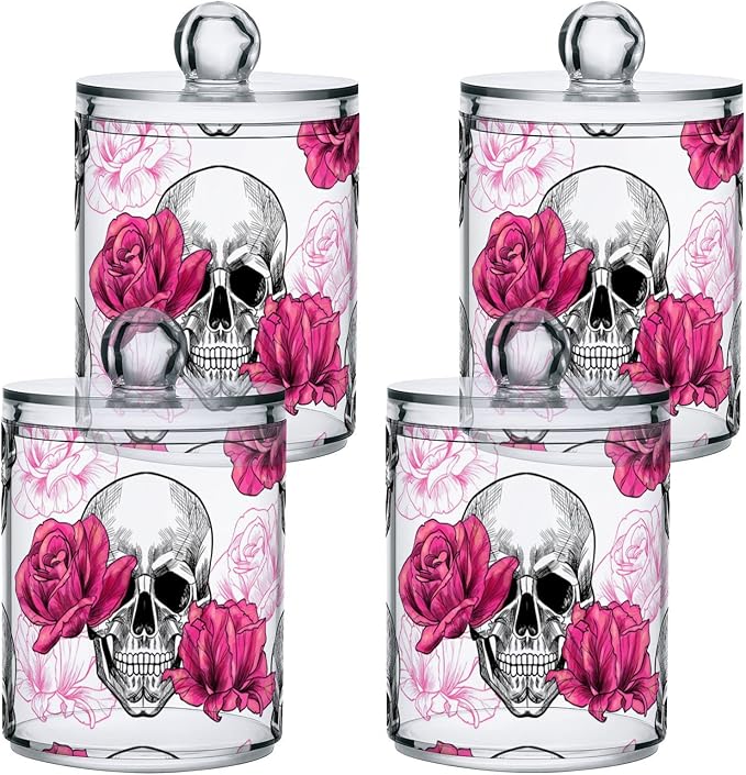 2 Pack Qtip Holder Dispenser Skull Rose Flower Bathroom Storage Canister Lid Acrylic Plastic Apothecary Jar Set Vanity Makeup Organizer for Cotton Swab/Ball/Round Pads, Floss-CasaMuseHome